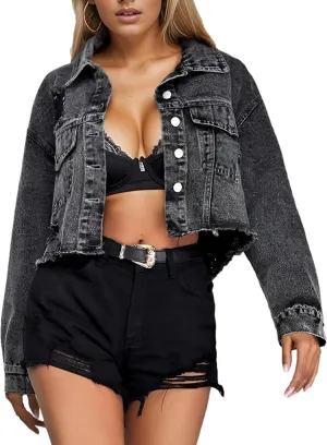 Mingzhu Denim Jackets for Women Cropped Frayed Ripped Denim Jackets Casual Button Down Washed Jean Jacket