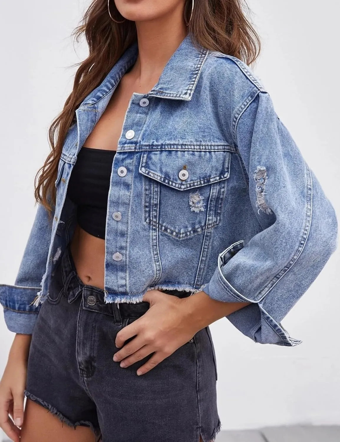 Mingzhu Denim Jackets for Women Cropped Frayed Ripped Denim Jackets Casual Button Down Washed Jean Jacket