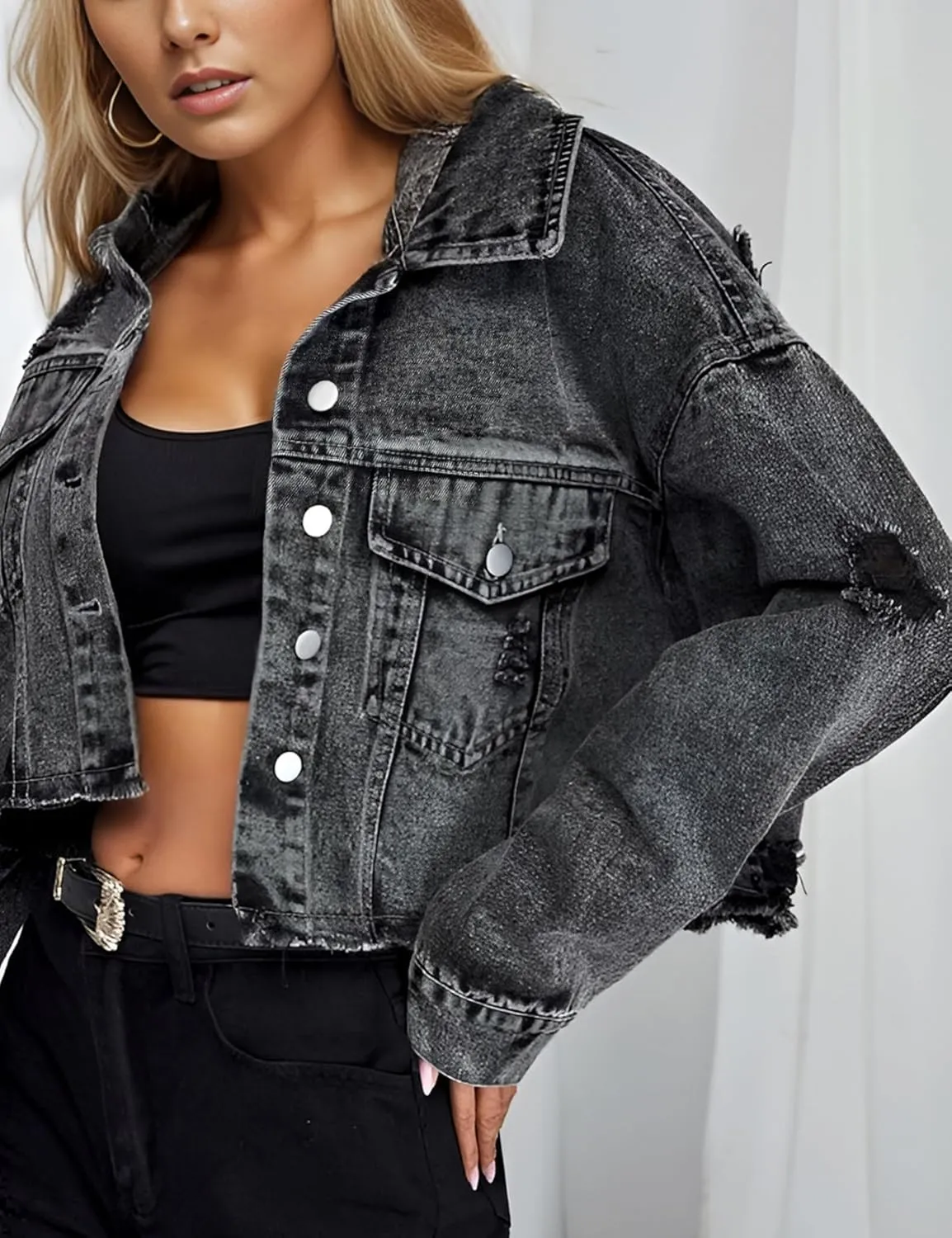 Mingzhu Denim Jackets for Women Cropped Frayed Ripped Denim Jackets Casual Button Down Washed Jean Jacket