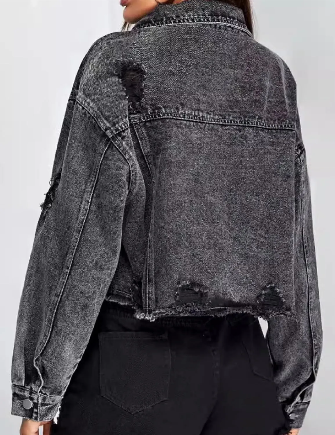 Mingzhu Denim Jackets for Women Cropped Frayed Ripped Denim Jackets Casual Button Down Washed Jean Jacket