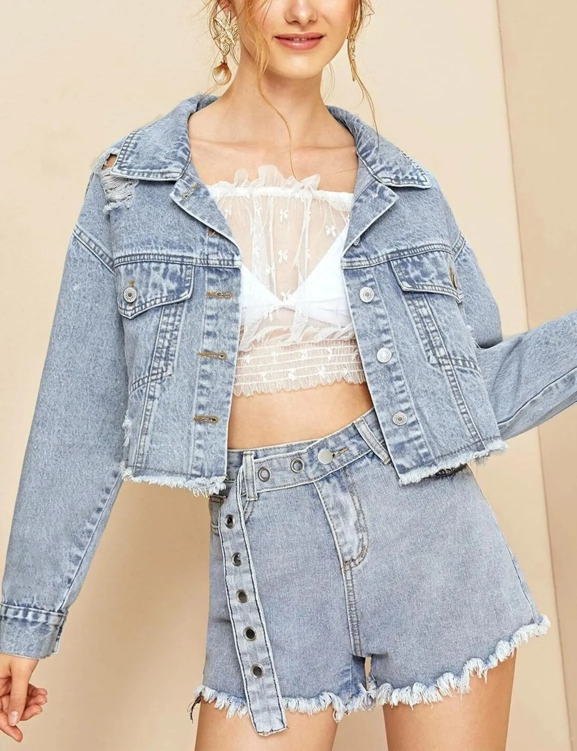 Mingzhu Denim Jackets for Women Cropped Frayed Ripped Denim Jackets Casual Button Down Washed Jean Jacket