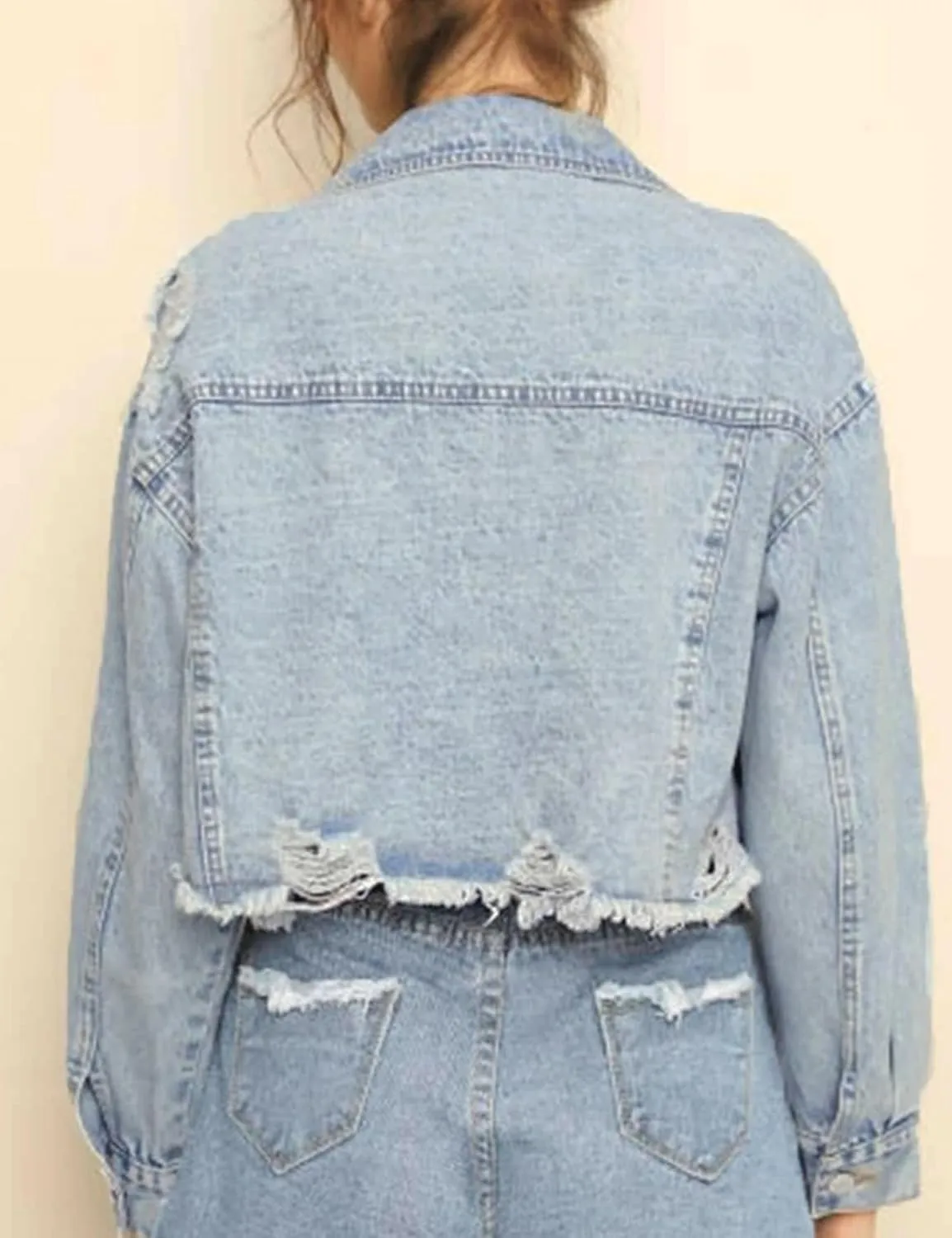 Mingzhu Denim Jackets for Women Cropped Frayed Ripped Denim Jackets Casual Button Down Washed Jean Jacket