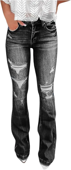 Ofertas De Low Rise Baggy Jeans for Women Stretch Baggy Jeans Y2K Side Slit Pocket Trouser Jeans for Women Flare Denim Pants Black