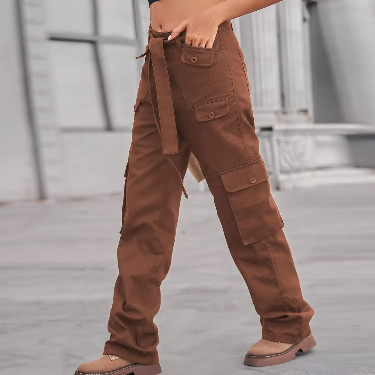 Outdoor Cargo Jeans Women's Relax Fit Casual Straight Leg Cargo Pants High Waisted Military Pockets Work Trouser