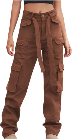 Outdoor Cargo Jeans Women's Relax Fit Casual Straight Leg Cargo Pants High Waisted Military Pockets Work Trouser