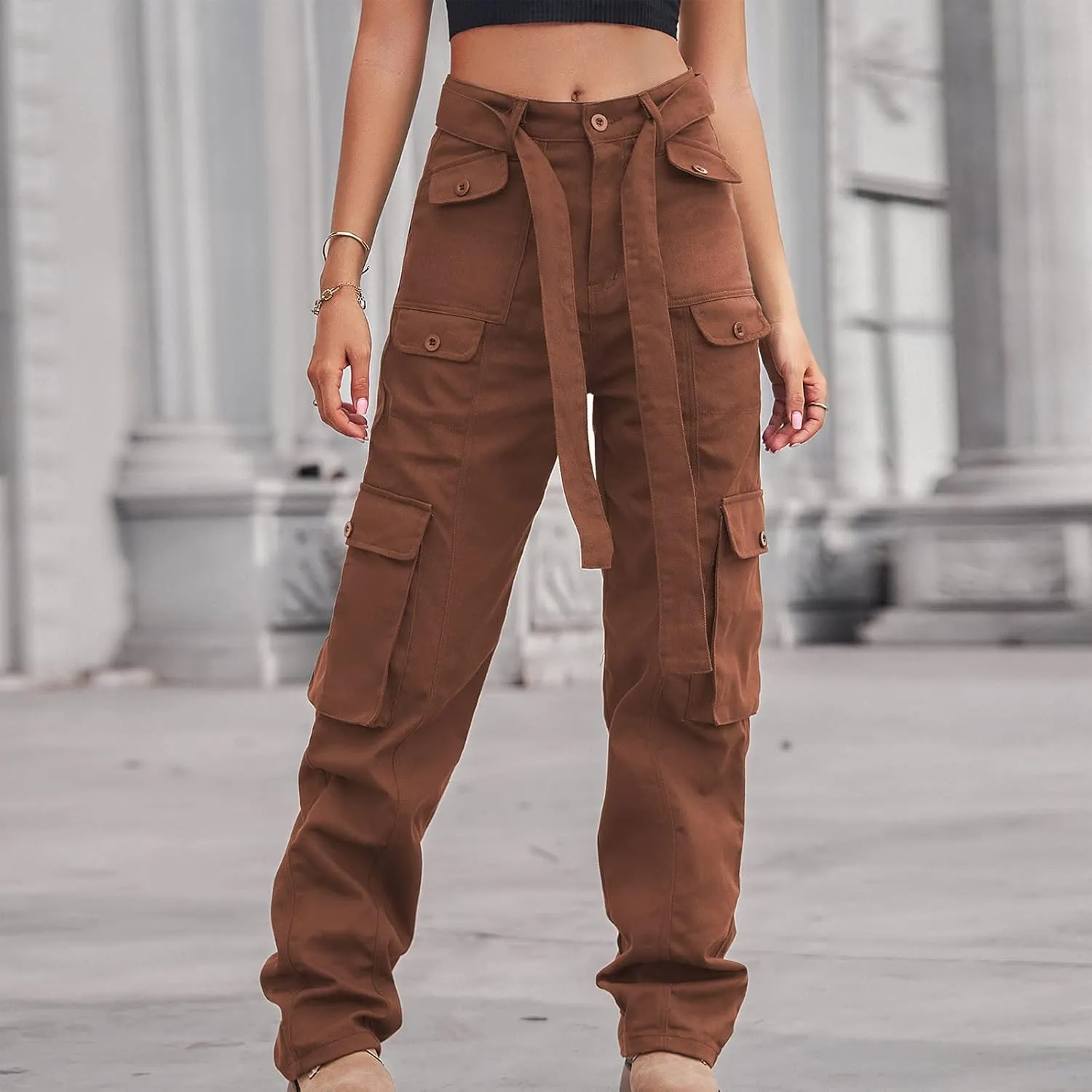 Outdoor Cargo Jeans Women's Relax Fit Casual Straight Leg Cargo Pants High Waisted Military Pockets Work Trouser