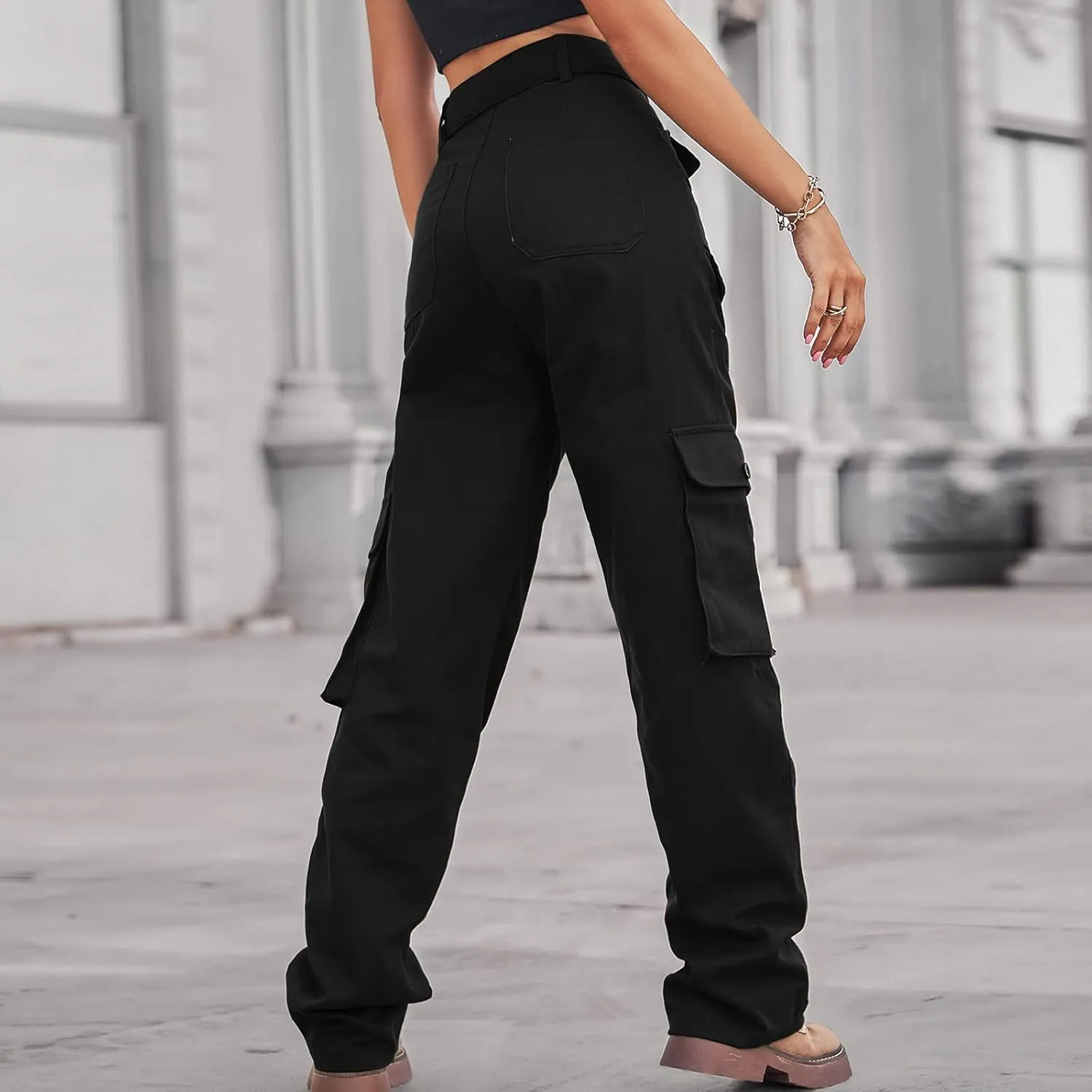 Outdoor Cargo Jeans Women's Relax Fit Casual Straight Leg Cargo Pants High Waisted Military Pockets Work Trouser
