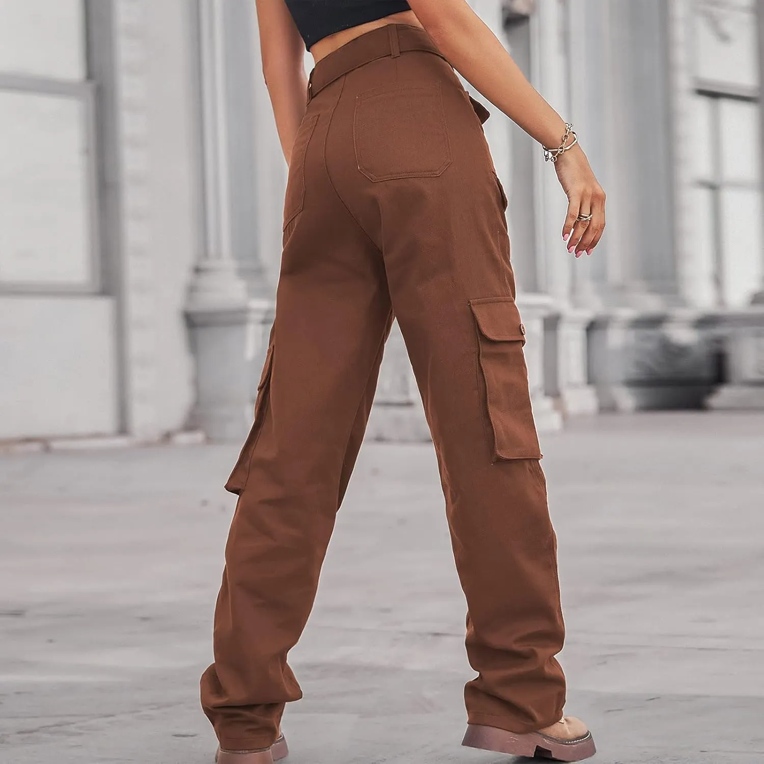 Outdoor Cargo Jeans Women's Relax Fit Casual Straight Leg Cargo Pants High Waisted Military Pockets Work Trouser