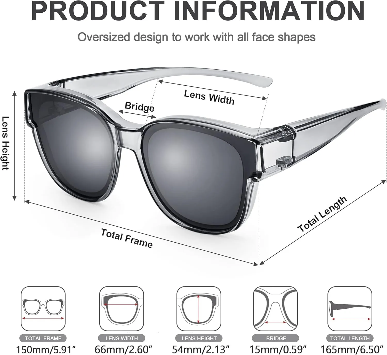 Over Glasses Sunglasses for Women Men, Polarized UV Protection, Large Round Cat Eye Oversized Solar Shield Fits Over
