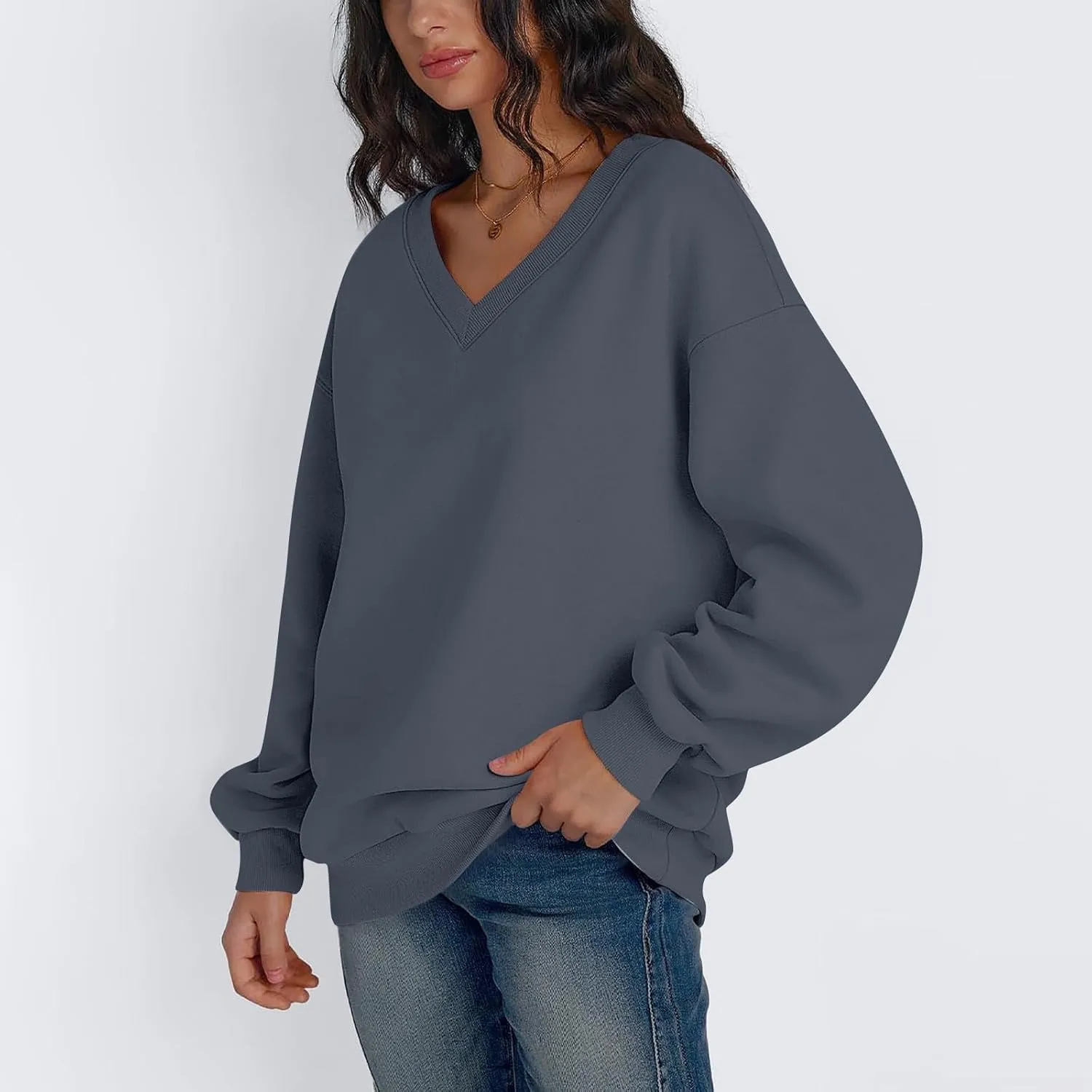 Oversized Sweatshirt For Women Plus Size Hoodies Trendy V Neck Long Sleeve Winter Clothes Drop Shoulder Pullover