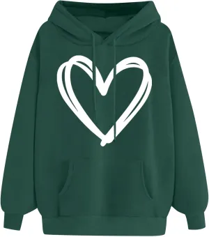 Oversized Women's Hoodies Print Love Heart 2024 Fashion Drawstring Long Sleeve Solid Pullover Sweatshirt with Pockets