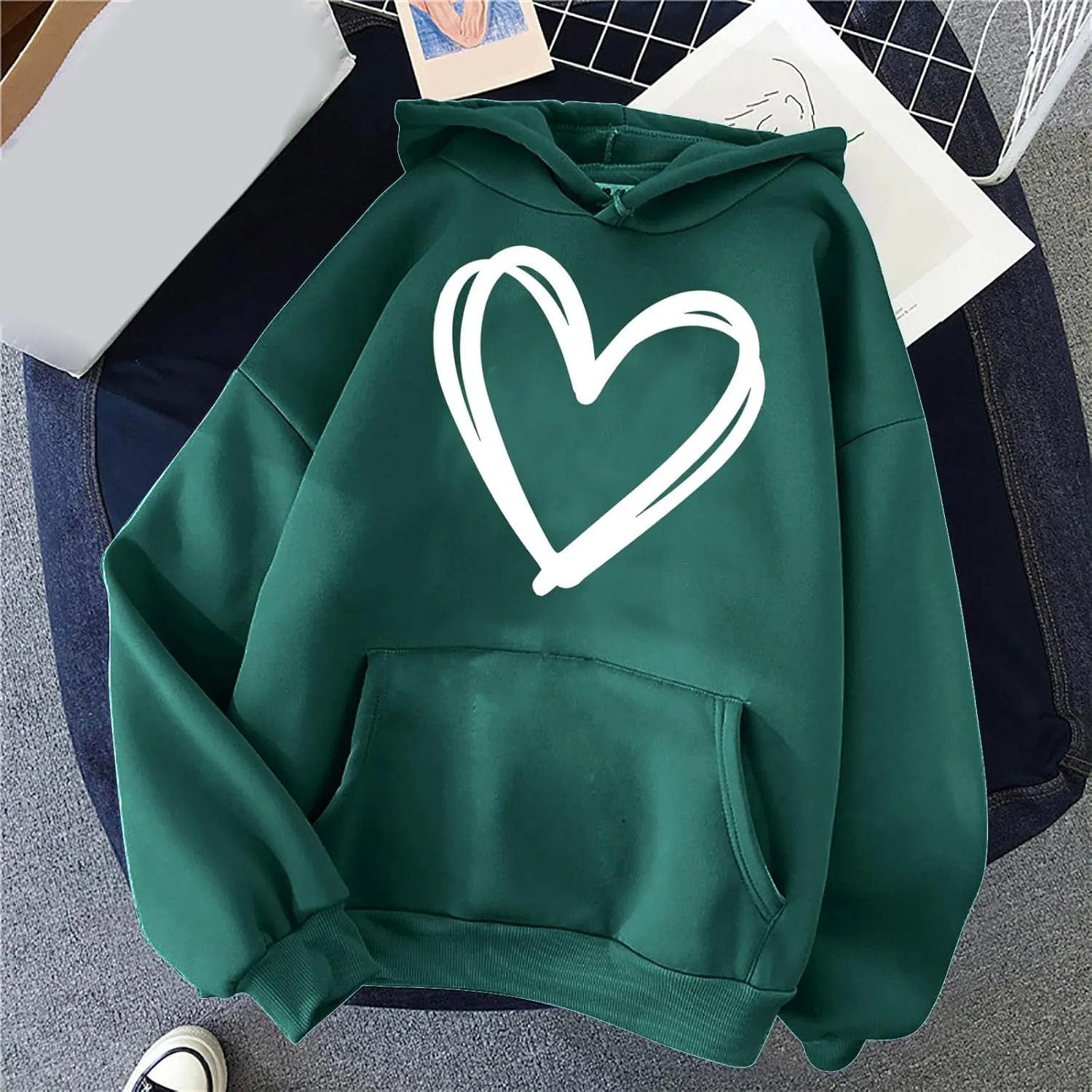 Oversized Women's Hoodies Print Love Heart 2024 Fashion Drawstring Long Sleeve Solid Pullover Sweatshirt with Pockets