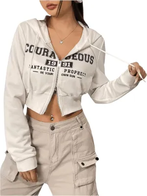 OYOANGLE Women's Letter Graphic Cropped Zip Up Hoodie Long Sleeve Hooded Sweatshirts Jacket