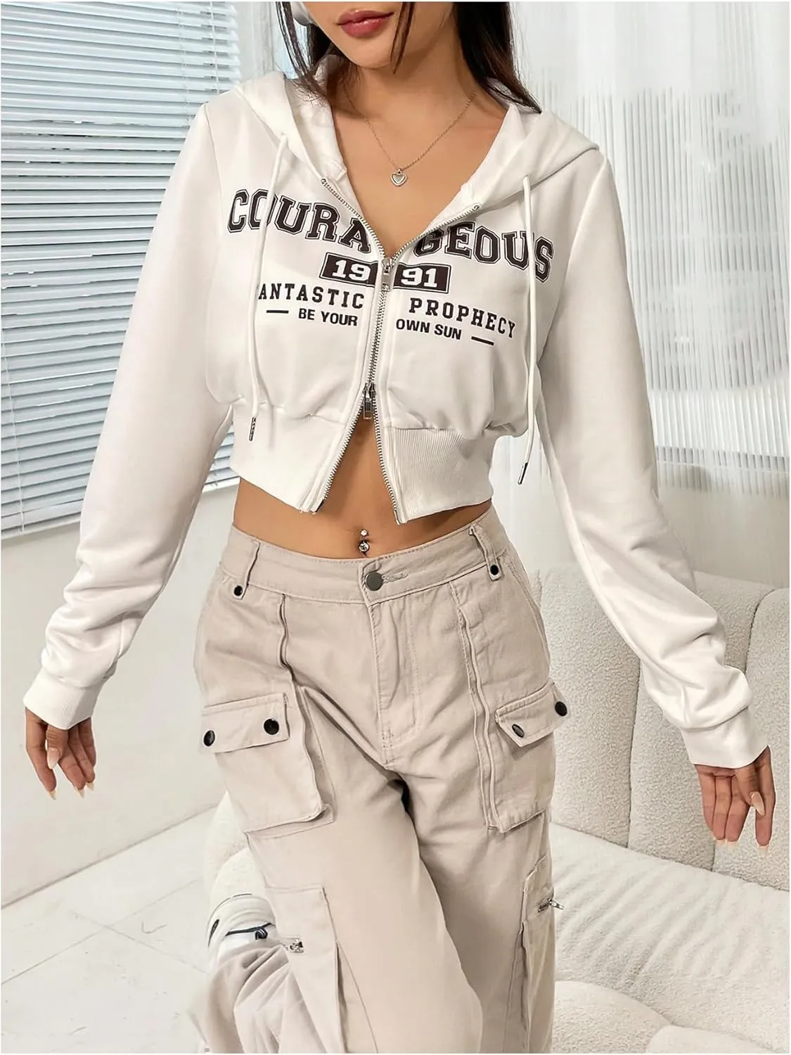 OYOANGLE Women's Letter Graphic Cropped Zip Up Hoodie Long Sleeve Hooded Sweatshirts Jacket
