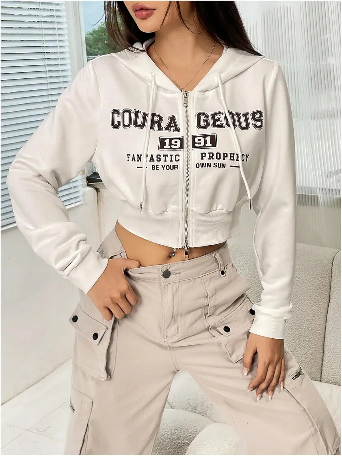 OYOANGLE Women's Letter Graphic Cropped Zip Up Hoodie Long Sleeve Hooded Sweatshirts Jacket