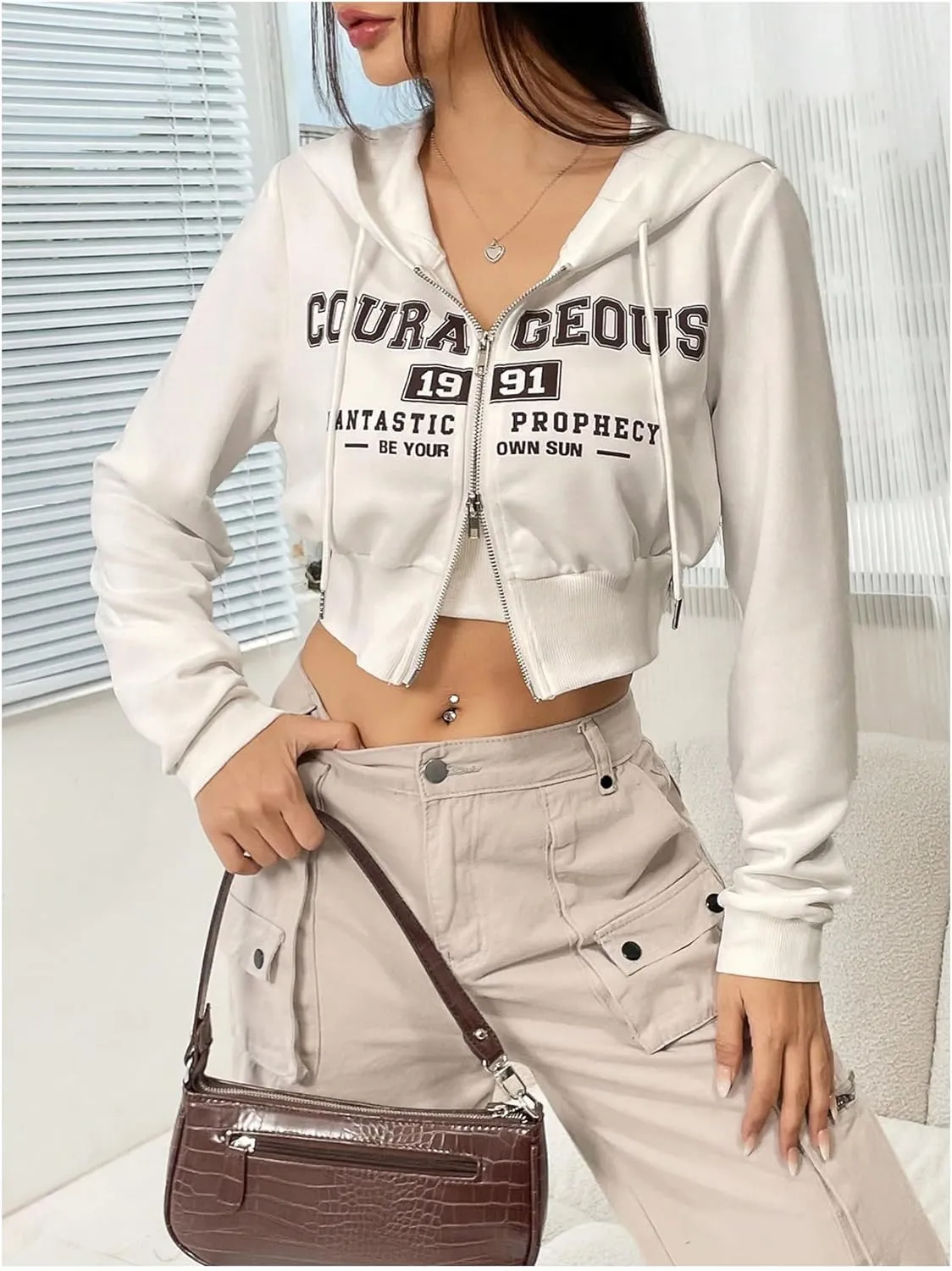 OYOANGLE Women's Letter Graphic Cropped Zip Up Hoodie Long Sleeve Hooded Sweatshirts Jacket