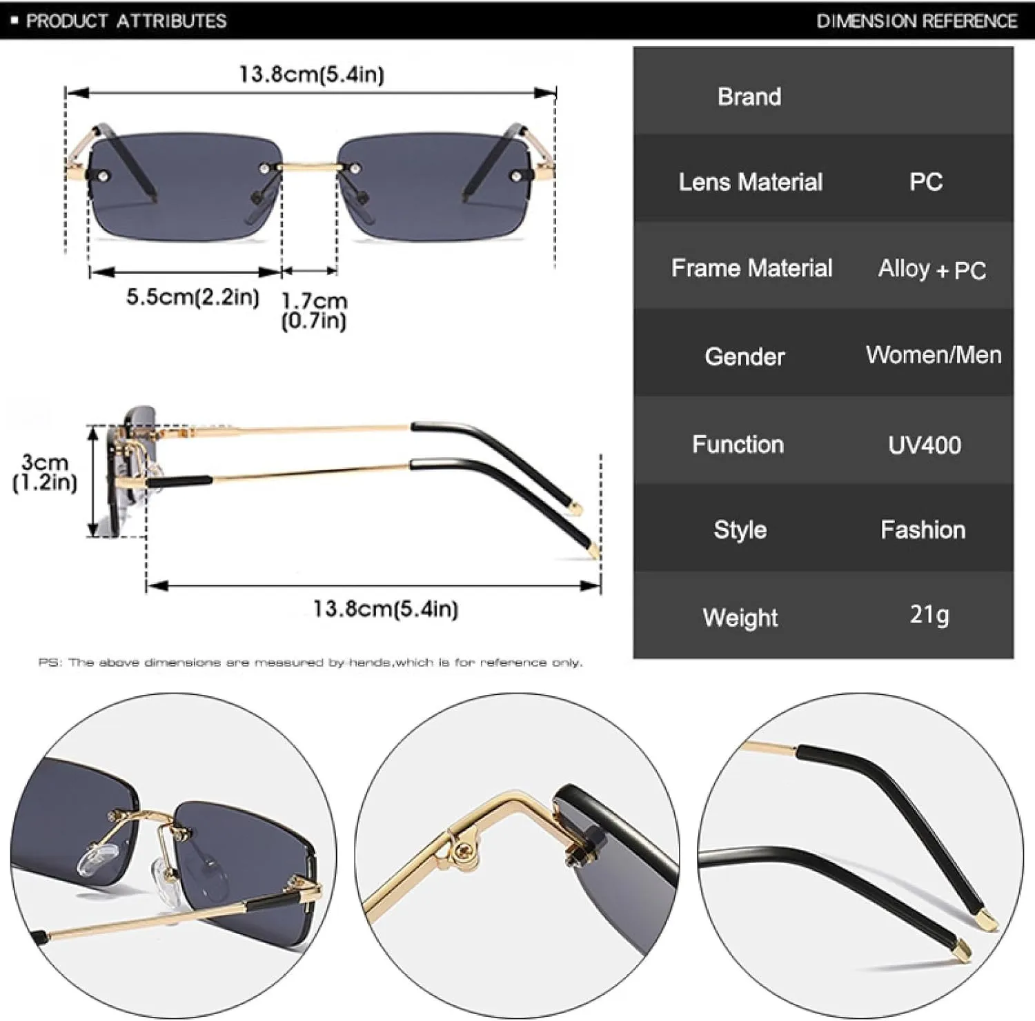 Popular Fashion Rectangle Women Sunglasses Vintage Rimless Clear Ocean Gradient Lens Men Uv400