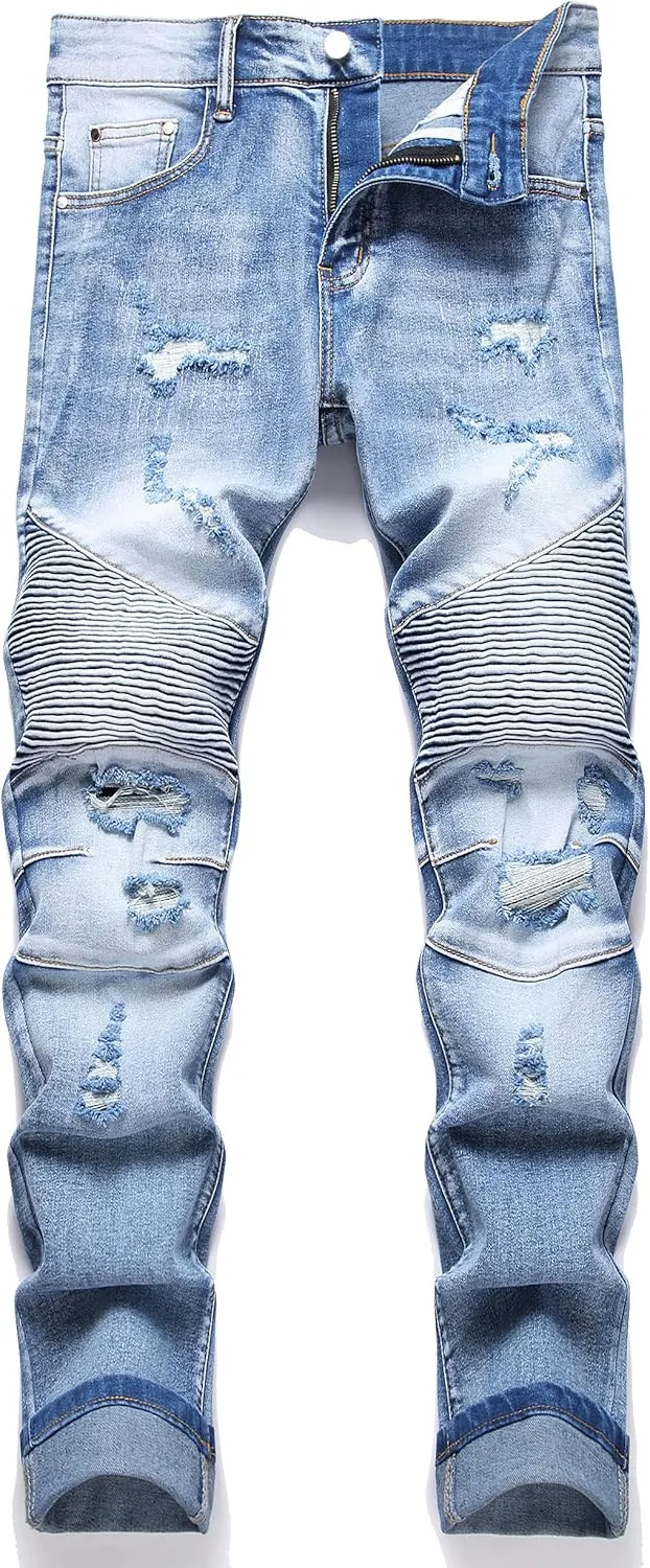 QIMYUM Men's Slim Fit Jeans Ripped Skinny Jeans for Men, Fashion Biker Jeans Stretch Moto Cargo Denim Pants