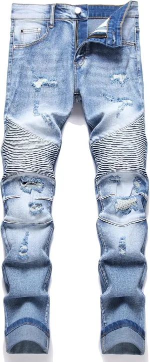 QIMYUM Men's Slim Fit Jeans Ripped Skinny Jeans for Men, Fashion Biker Jeans Stretch Moto Cargo Denim Pants