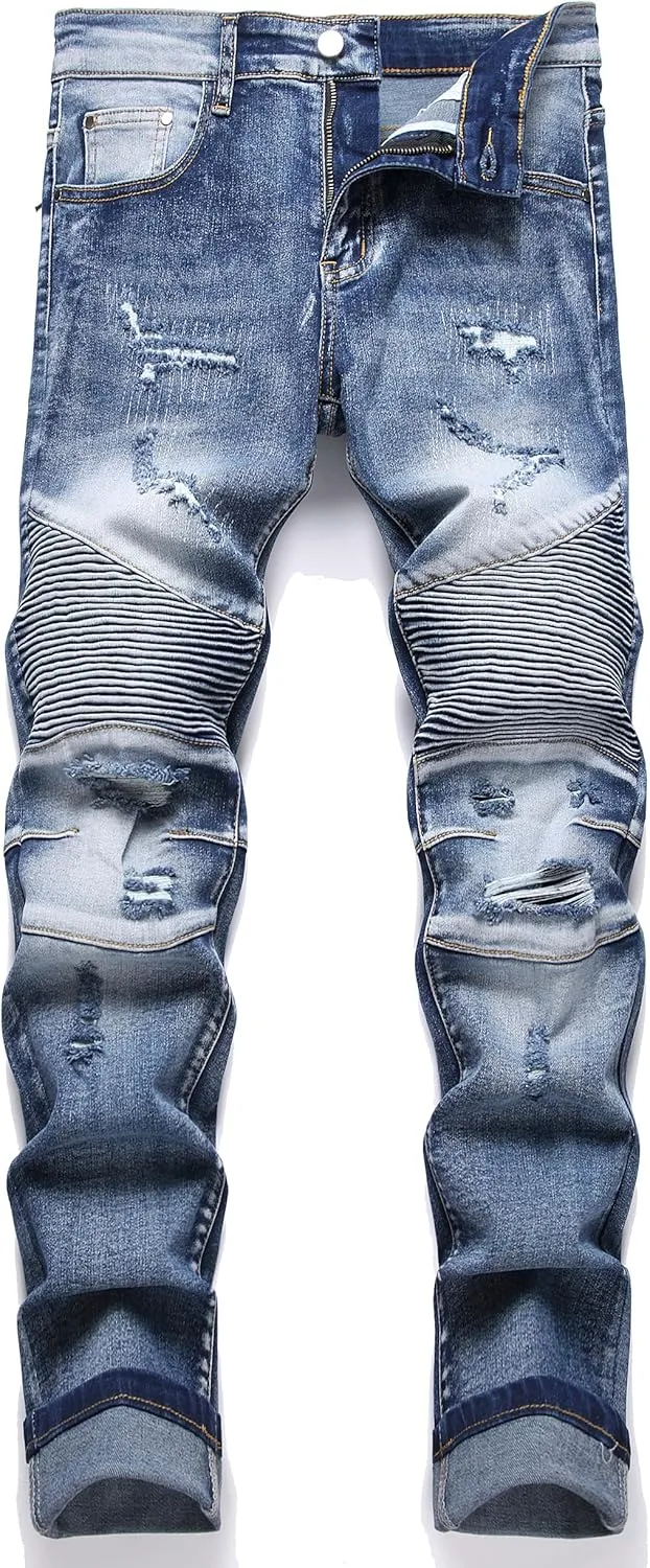 QIMYUM Men's Slim Fit Jeans Ripped Skinny Jeans for Men, Fashion Biker Jeans Stretch Moto Cargo Denim Pants
