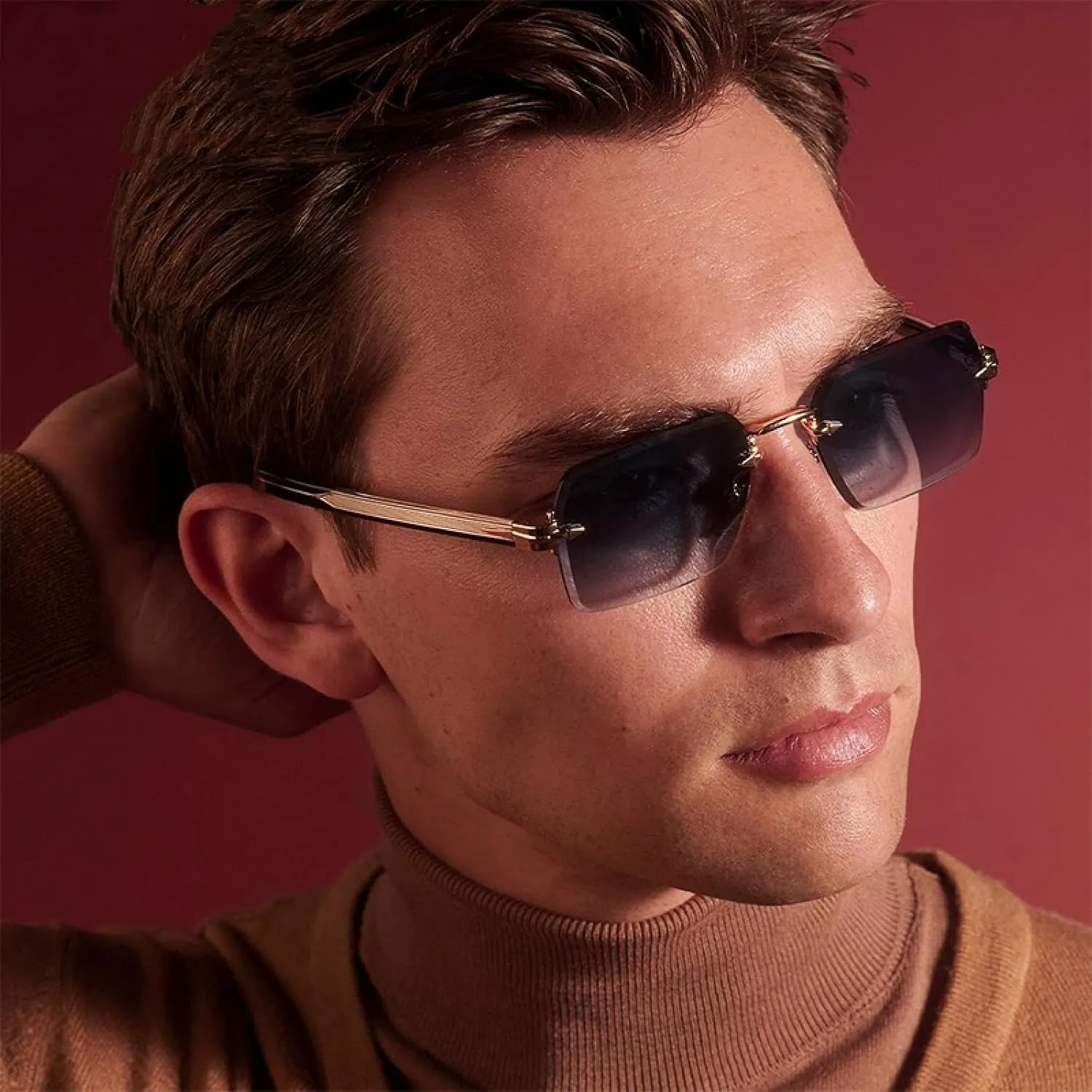 Rimless Small Rectangle Sunglasses for Women Men Luxury Fashion Vintage Retro