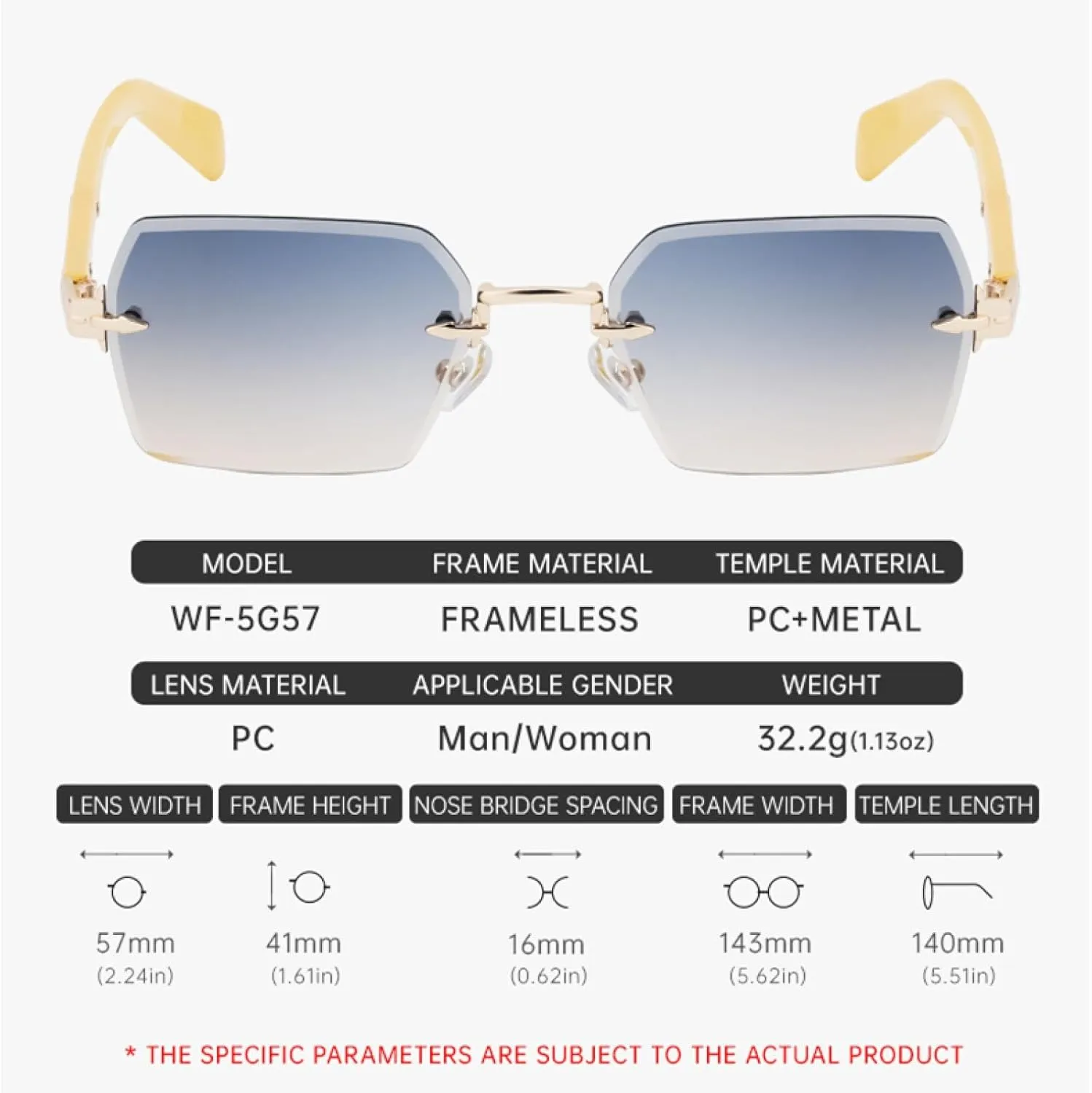 Rimless Small Rectangle Sunglasses for Women Men Luxury Fashion Vintage Retro