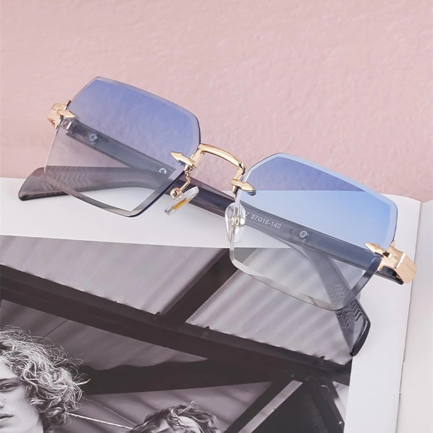 Rimless Small Rectangle Sunglasses for Women Men Luxury Fashion Vintage Retro