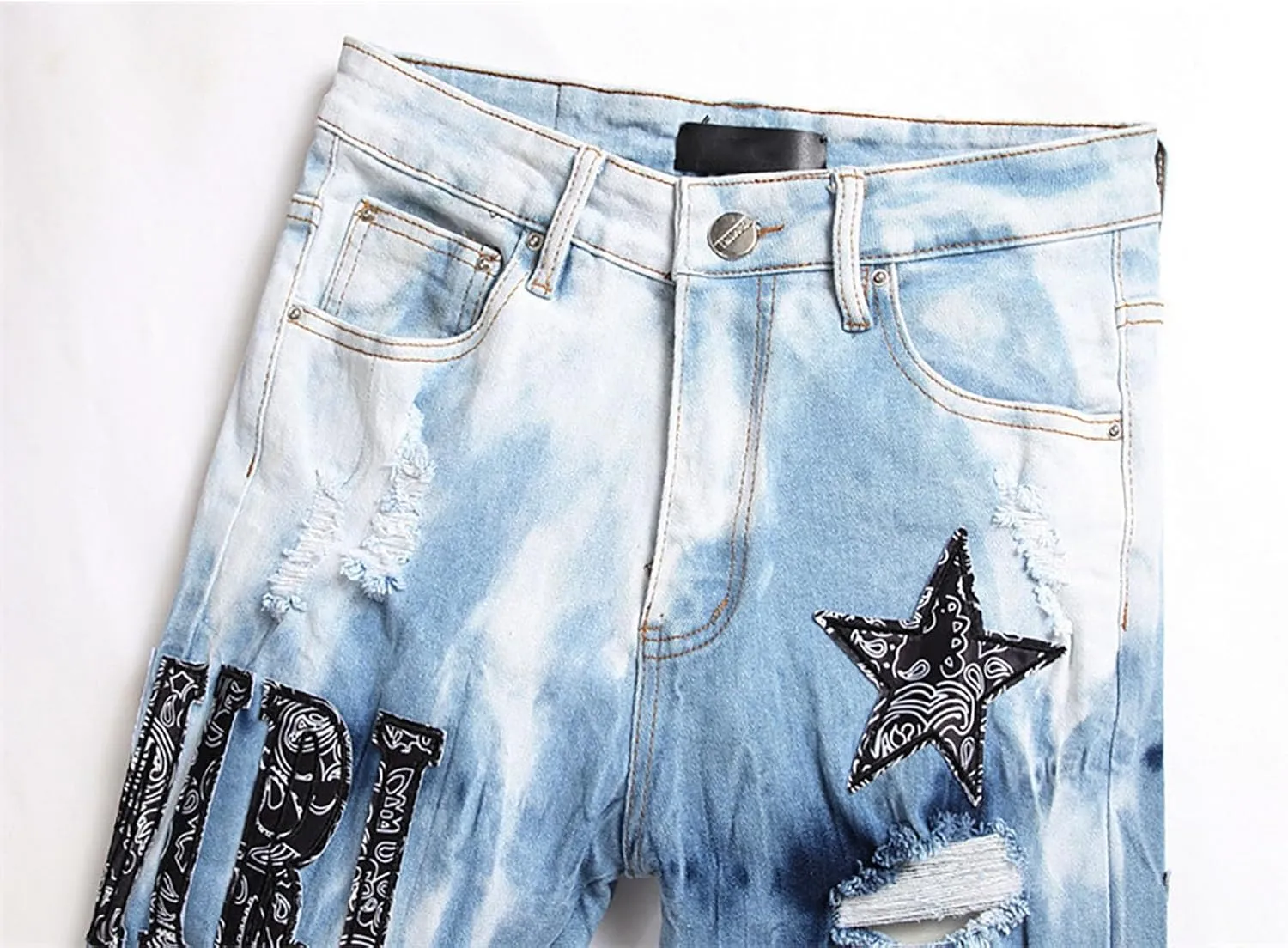 Ripped Jeans Men, Men's Designer Straight Slim Fit Patchwork Jeans, Comfort Skinny Biker Denim Pants, Men Jeans Slim Fit