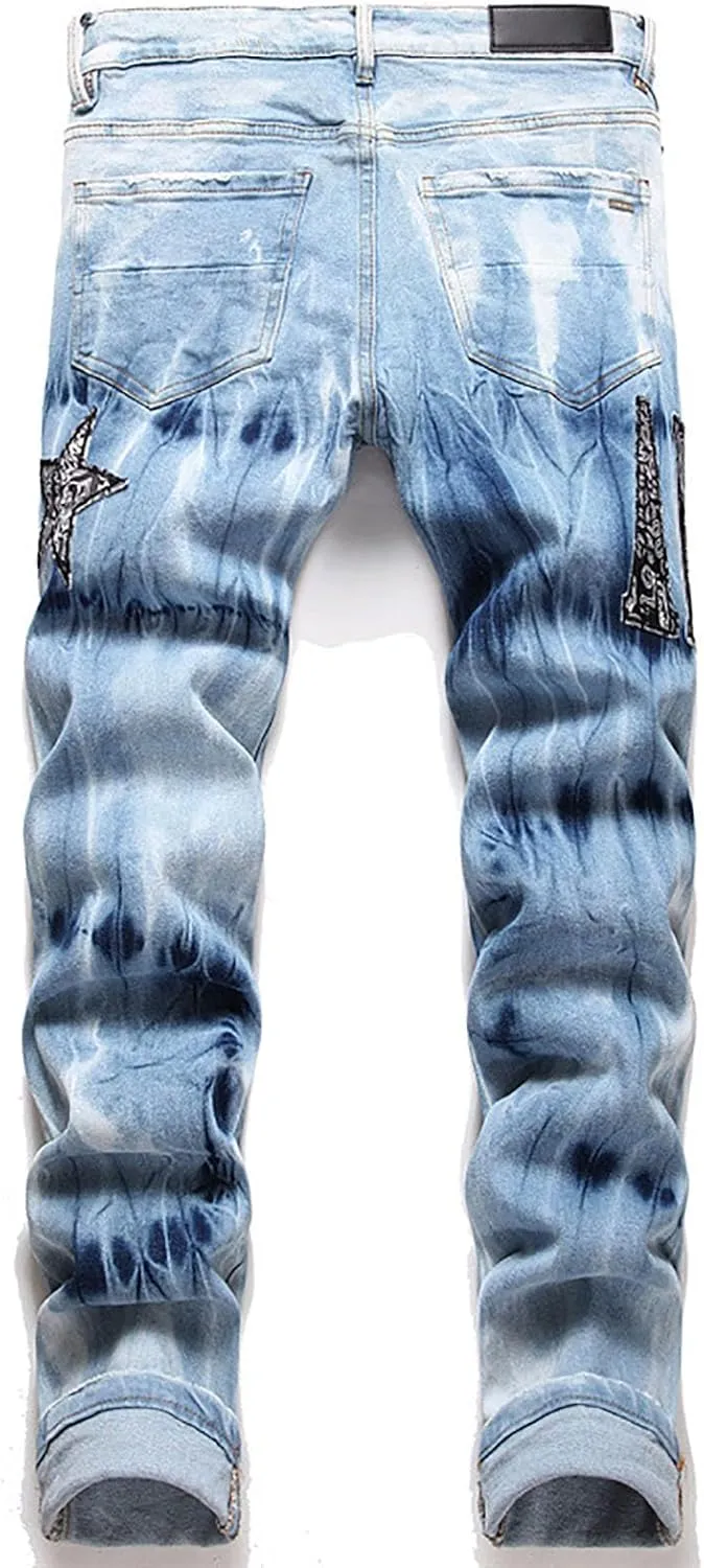 Ripped Jeans Men, Men's Designer Straight Slim Fit Patchwork Jeans, Comfort Skinny Biker Denim Pants, Men Jeans Slim Fit
