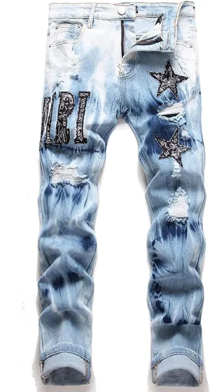 Ripped Jeans Men, Men's Designer Straight Slim Fit Patchwork Jeans, Comfort Skinny Biker Denim Pants, Men Jeans Slim Fit