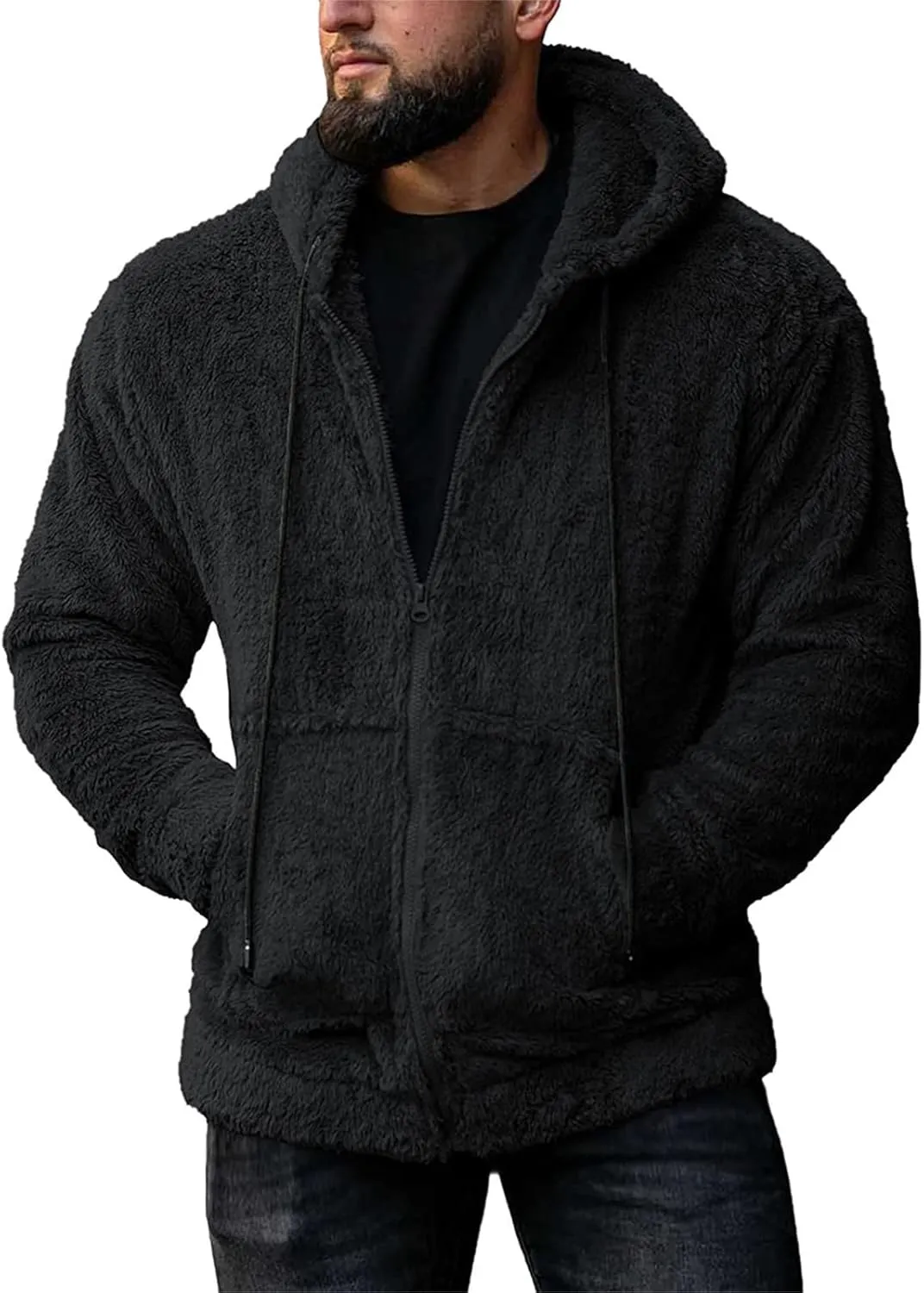 RTRDE Mens Casual Jacket Lightweight Sherpa Jackets Full Zip Warm Fuzzy Windproof Winter Coats Hooded Work Coats, M-3XL