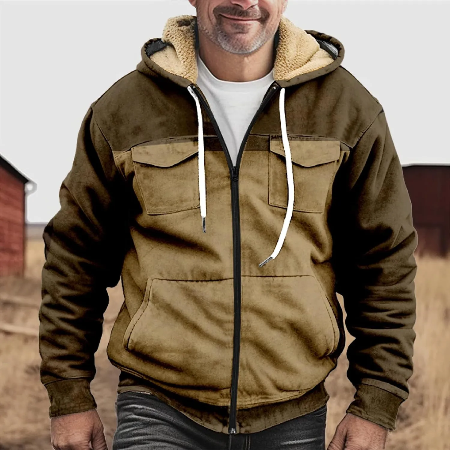 RTRDE Mens Sherpa Lined Jacket with Hood Winter Full Zip Up Hoodies Jacket Fleece Heavyweight Coats Pockets Jacket
