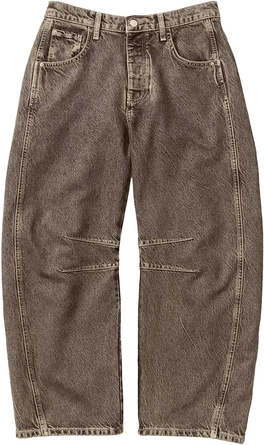 sdbrld Boyfriend Barrel Jeans Women,Womens Baggy Mid Rise Jeans Wide Leg Y2k Denim Harem Cropped Pant Vintage Barrel Jeans