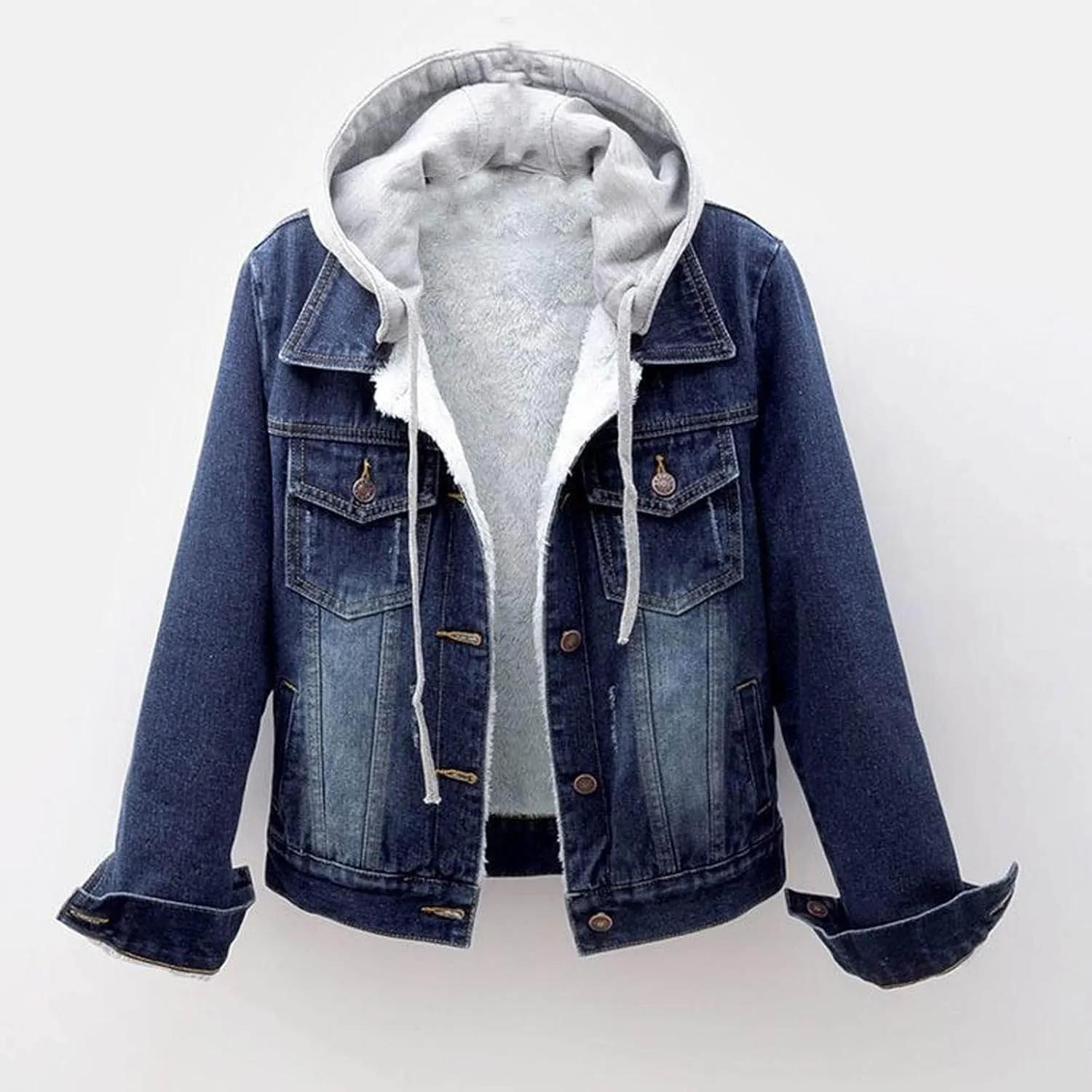 Sherpa Lined Jean Jacket Women Cropped Denim Outerwear with Hood, Trendy Hooded Fleece Denim Jackets Plush Coats