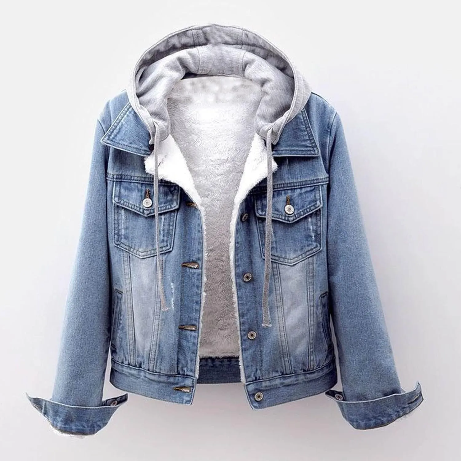 Sherpa Lined Jean Jacket Women Cropped Denim Outerwear with Hood, Trendy Hooded Fleece Denim Jackets Plush Coats