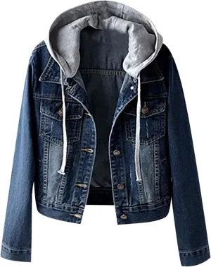 Sherpa Lined Jean Jacket Women Cropped Denim Outerwear with Hood, Trendy Hooded Fleece Denim Jackets Plush Coats