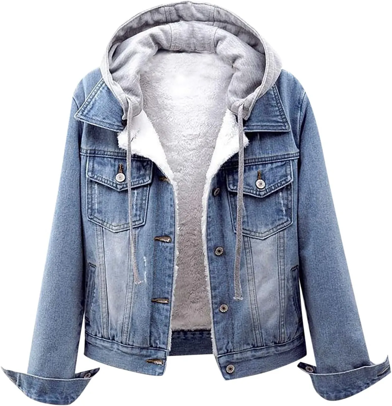 Sherpa Lined Jean Jacket Women Cropped Denim Outerwear with Hood, Trendy Hooded Fleece Denim Jackets Plush Coats
