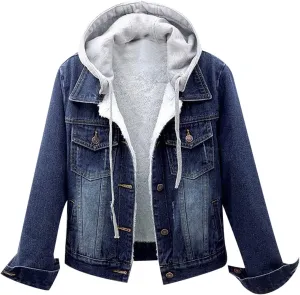 Sherpa Lined Jean Jacket Women Cropped Denim Outerwear with Hood, Trendy Hooded Fleece Denim Jackets Plush Coats