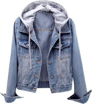 Sherpa Lined Jean Jacket Women Cropped Denim Outerwear with Hood, Trendy Hooded Fleece Denim Jackets Plush Coats