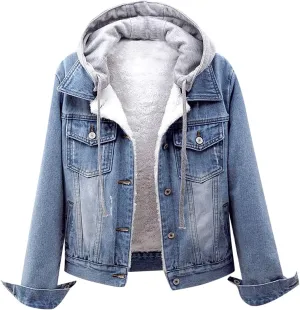 Sherpa Lined Jean Jacket Women Cropped Denim Outerwear with Hood, Trendy Hooded Fleece Denim Jackets Plush Coats