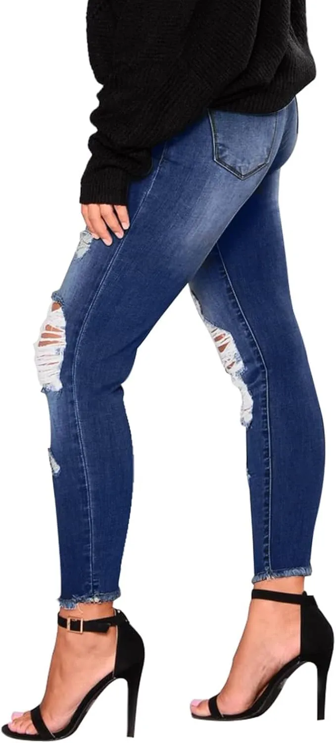 Skinny Jeans for Women Stretchy High Waisted Ripped Jeans Slim Fit Tummy Control Distressed Denim Leggings w/Pockets