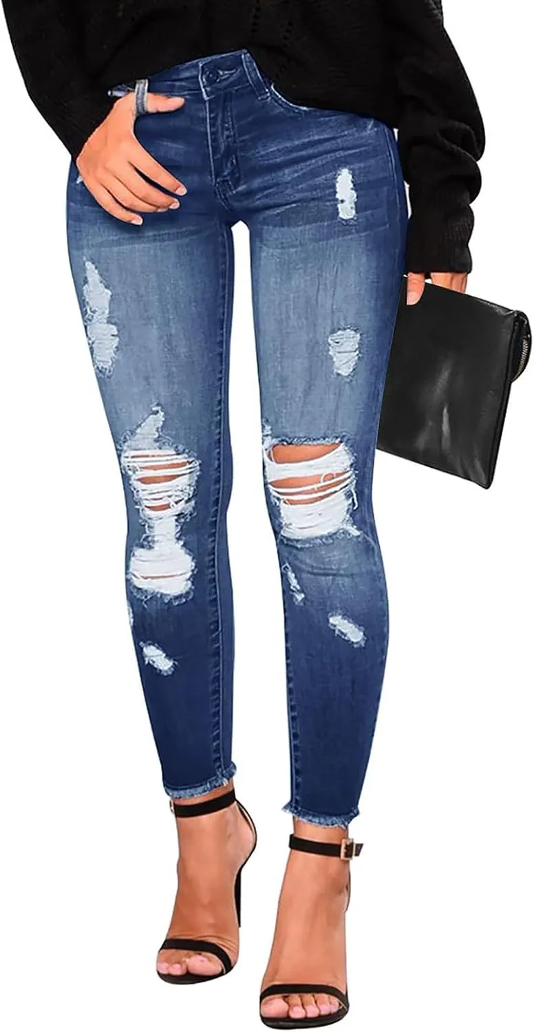 Skinny Jeans for Women Stretchy High Waisted Ripped Jeans Slim Fit Tummy Control Distressed Denim Leggings w/Pockets