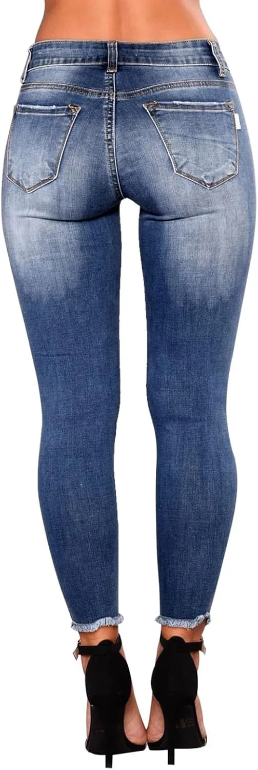 Skinny Jeans for Women Stretchy High Waisted Ripped Jeans Slim Fit Tummy Control Distressed Denim Leggings w/Pockets