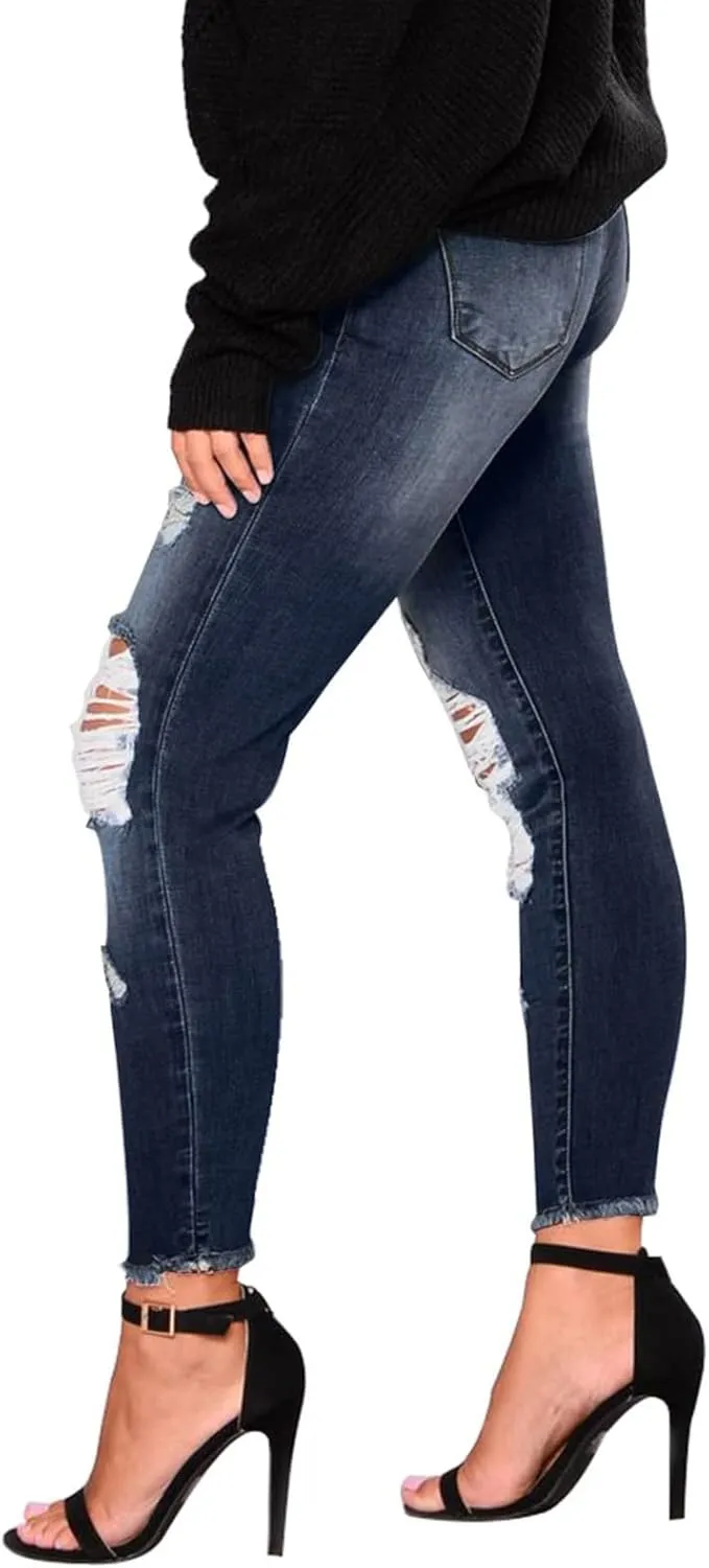 Skinny Jeans for Women Stretchy High Waisted Ripped Jeans Slim Fit Tummy Control Distressed Denim Leggings w/Pockets