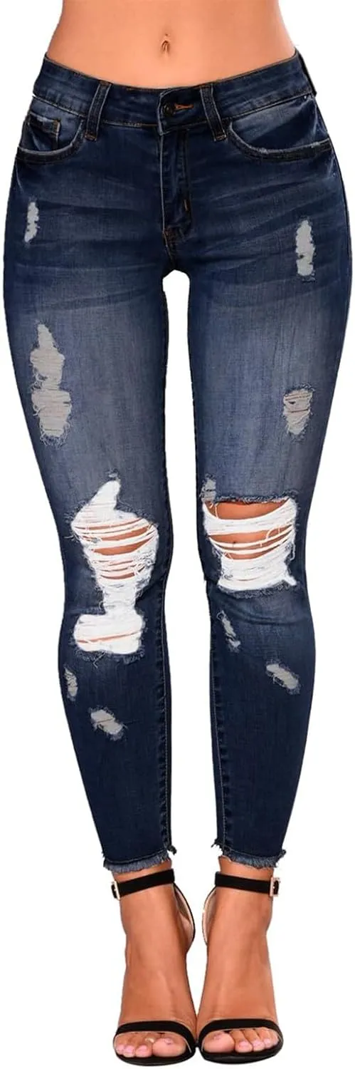 Skinny Jeans for Women Stretchy High Waisted Ripped Jeans Slim Fit Tummy Control Distressed Denim Leggings w/Pockets
