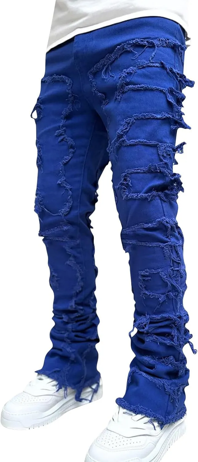 Slim Fit Jeans for Men Skinny Jeans Stretchy Distressed Ripped Stacked Jeans Fashion Designer Urban Denim Jeans Pants