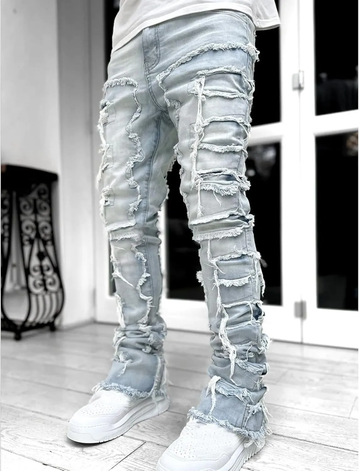 Slim Fit Jeans for Men Skinny Jeans Stretchy Distressed Ripped Stacked Jeans Fashion Designer Urban Denim Jeans Pants