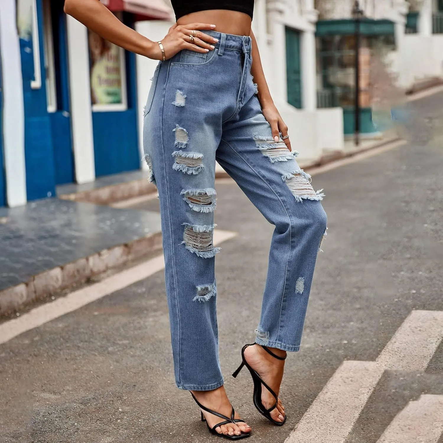 Straight Leg Jeans for Women Trendy Distressed Wide Leg Jeans Baggy Boyfriend Denim Pants Y2k Sexy Ripped Jeans