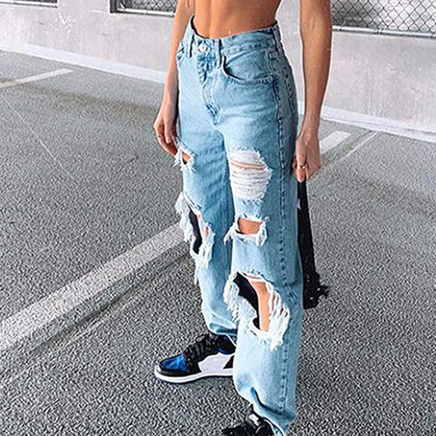 Straight Leg Jeans for Women Trendy Distressed Wide Leg Jeans Baggy Boyfriend Denim Pants Y2k Sexy Ripped Jeans