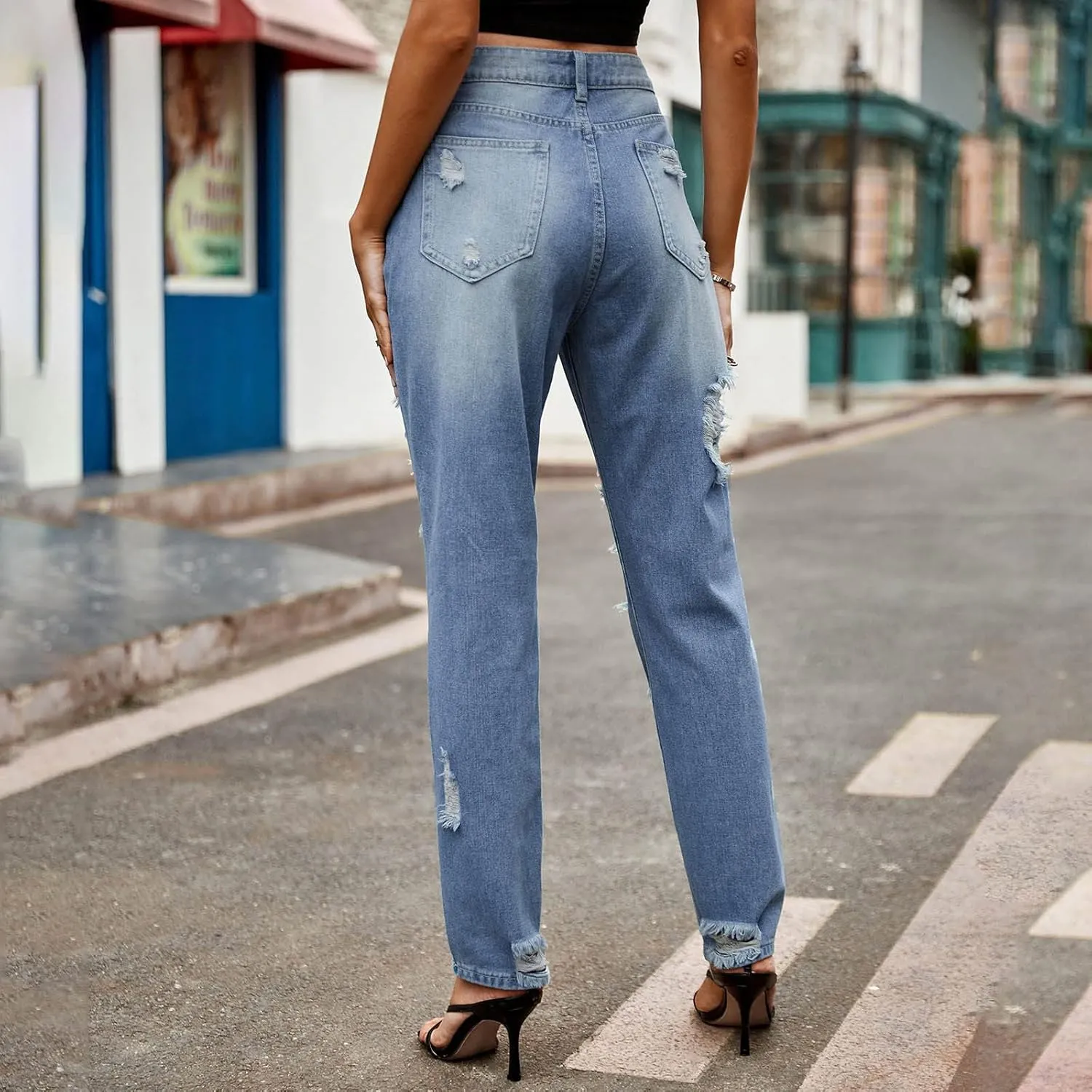 Straight Leg Jeans for Women Trendy Distressed Wide Leg Jeans Baggy Boyfriend Denim Pants Y2k Sexy Ripped Jeans